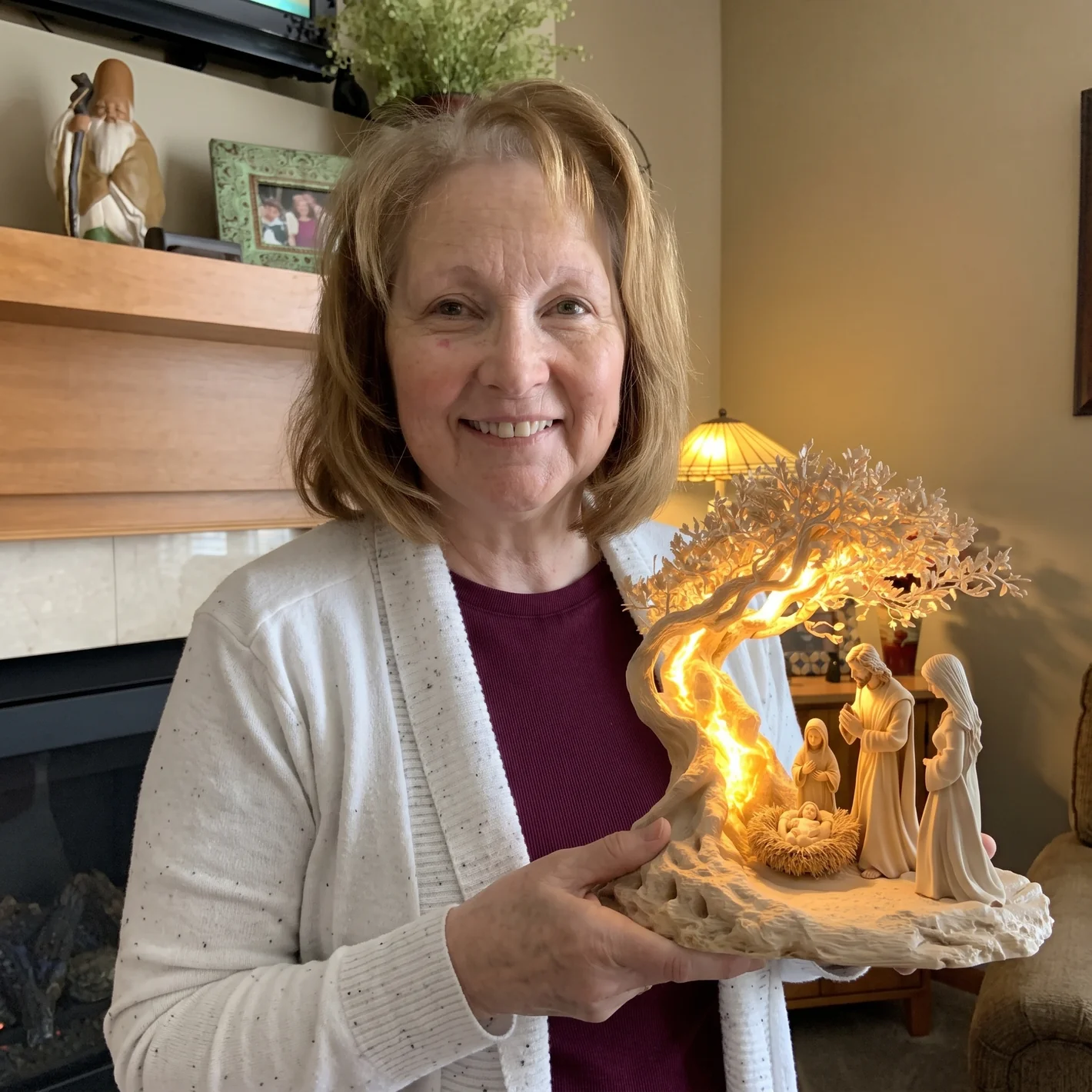The nativity sculpture held in two hands, showing its size