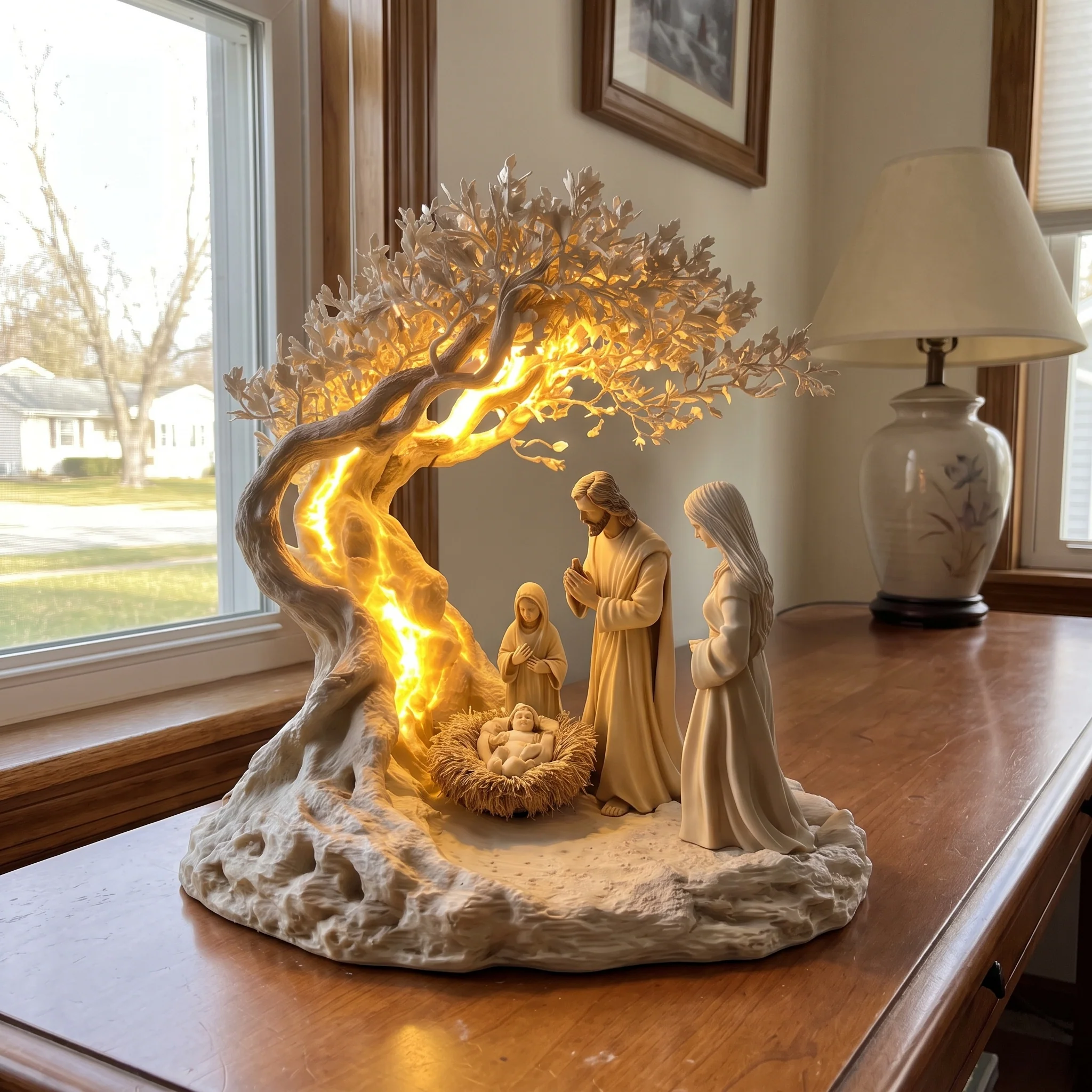 Elina glowing nativity sculpture beneath a lit tree